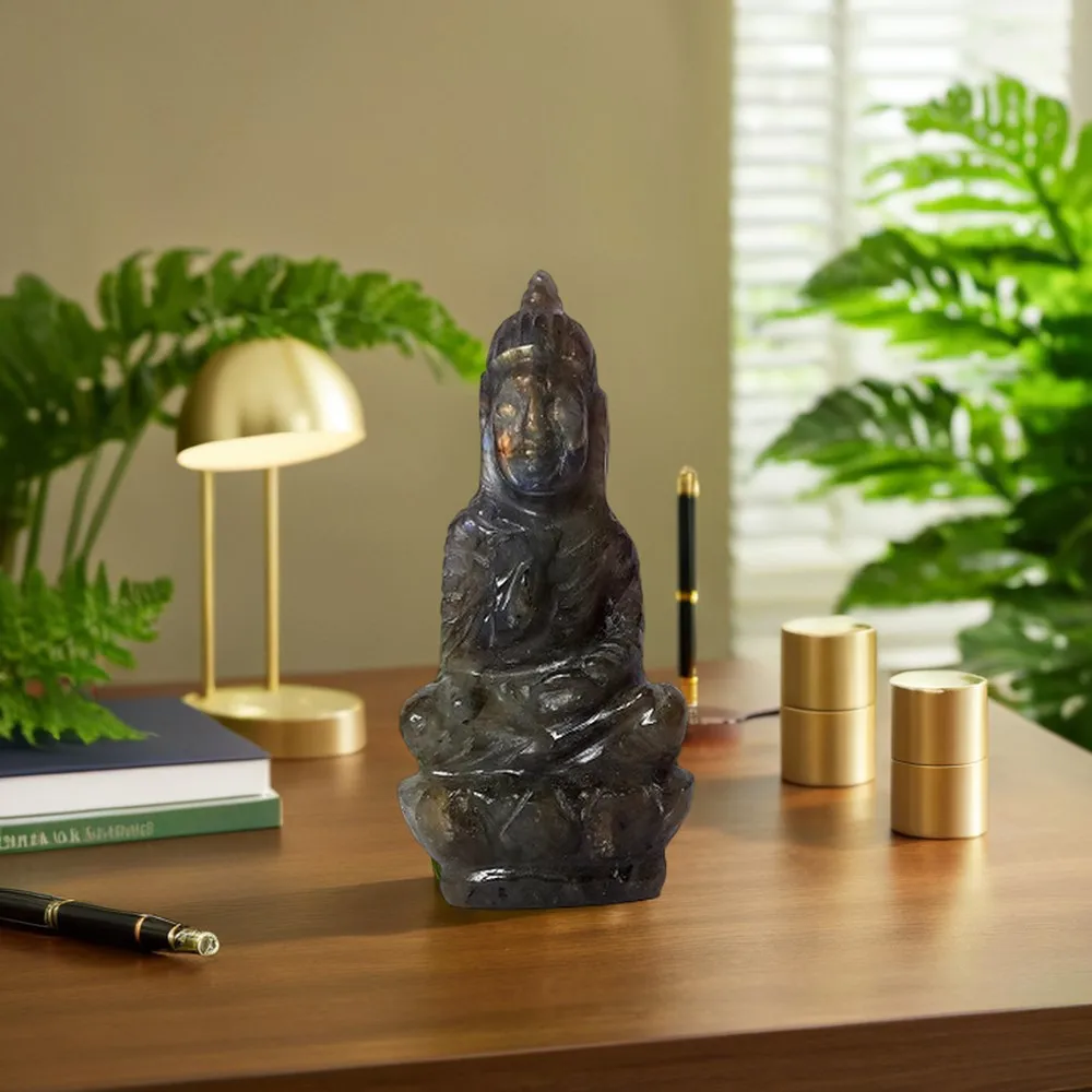Wholesale Handmade Crystal Laughing Buddha Natural Labrodolite Gemstone Sculpture Engraved Crystal Buddha for Sale