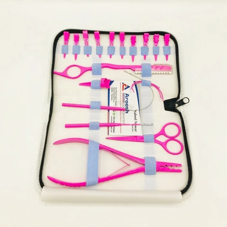 Hot Pink Stainless Steel Clip In Hair Extensions Tools Kit With Plier, Crochet Needle, Clips And Human Hair Extension