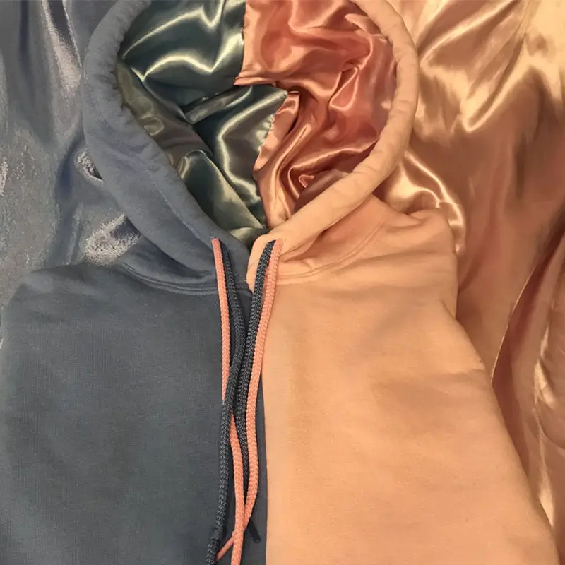 Drawstring Men Unisex Custom Patch Print Satin Lined Silk Hooded Embroidery Hoodie Custom Unisex Satin Lined Hoodie