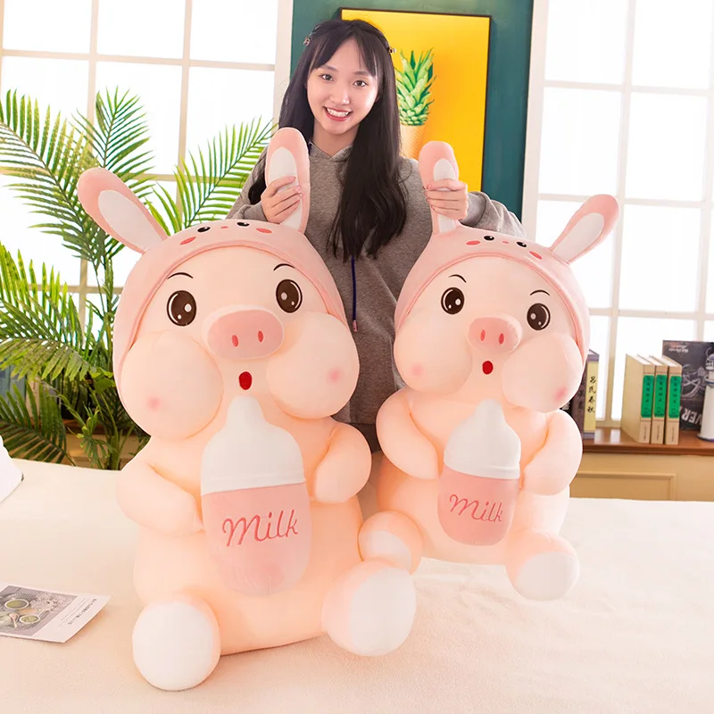 Giant Pig Toy Plush Pig Wholesale With Milk Tea Bottle Kawaii Stuffed Animals Soft Pink Pig Plush Toys