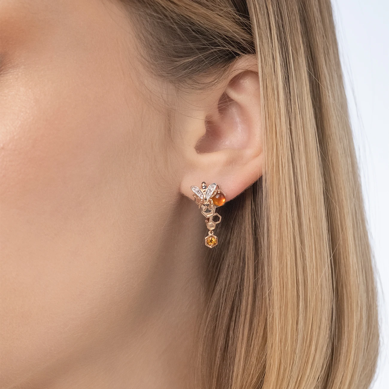 Elegant Jewelry Design Bees on a honeycomb Earrings 14K Solid Rose Yellow White Gold  Amber Citrine Topaz White  Custom  2022