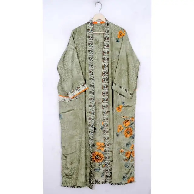 Japanese Kimono Recycled Silk Saree Kimono Women Light Weight Long Silk Kimono Indian Handmade Patchwork Silk Robe