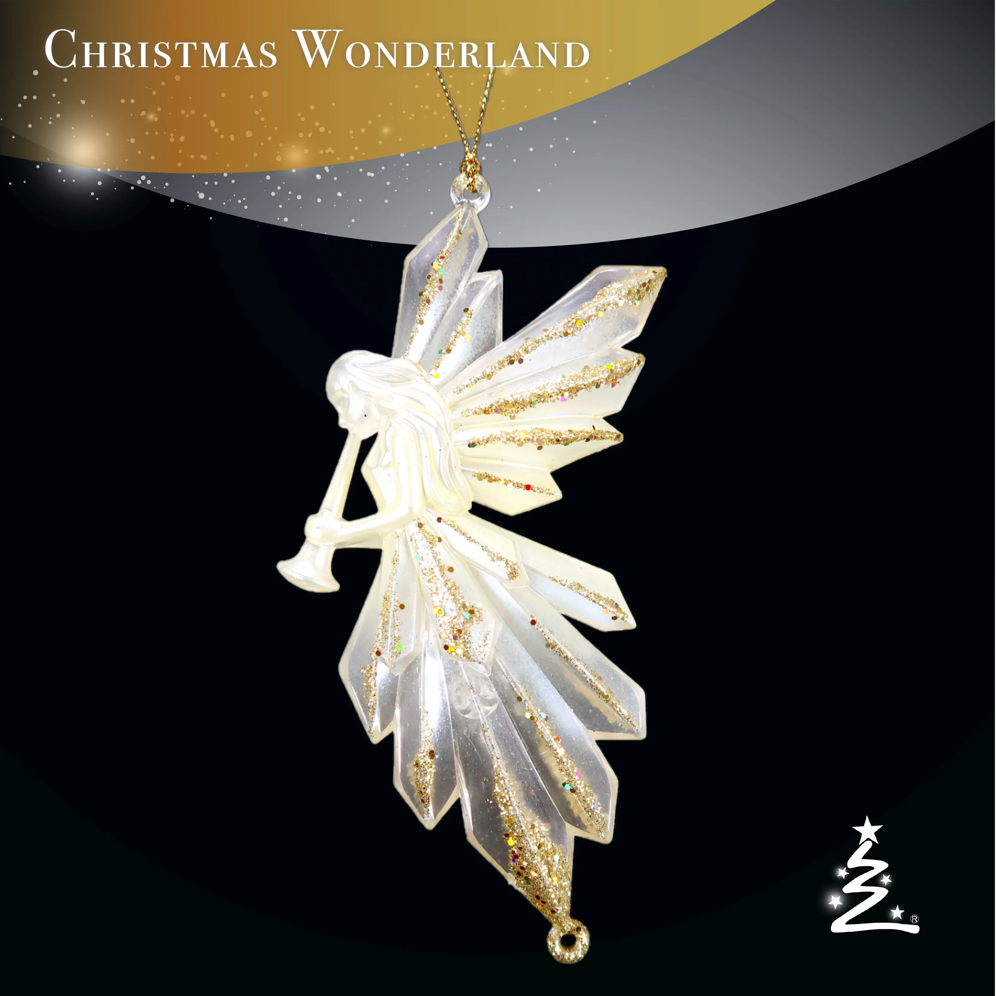 Christmas New Year Decoration Clear Pearlized Paint Acrylic 2D Angel Play Horn Ornament