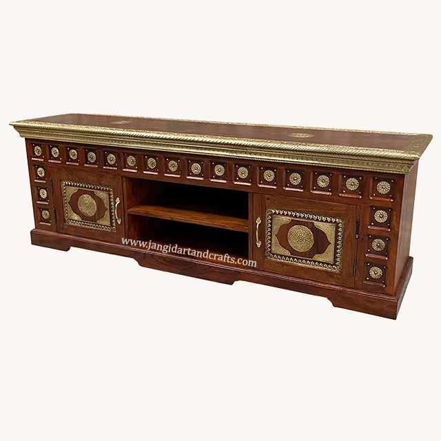 Farmhouse Vintage Wooden Console Cabinet Brass Inlay Metal Wood Decoration Modern TV Unit Cabinet Living Room TV Stand Furniture