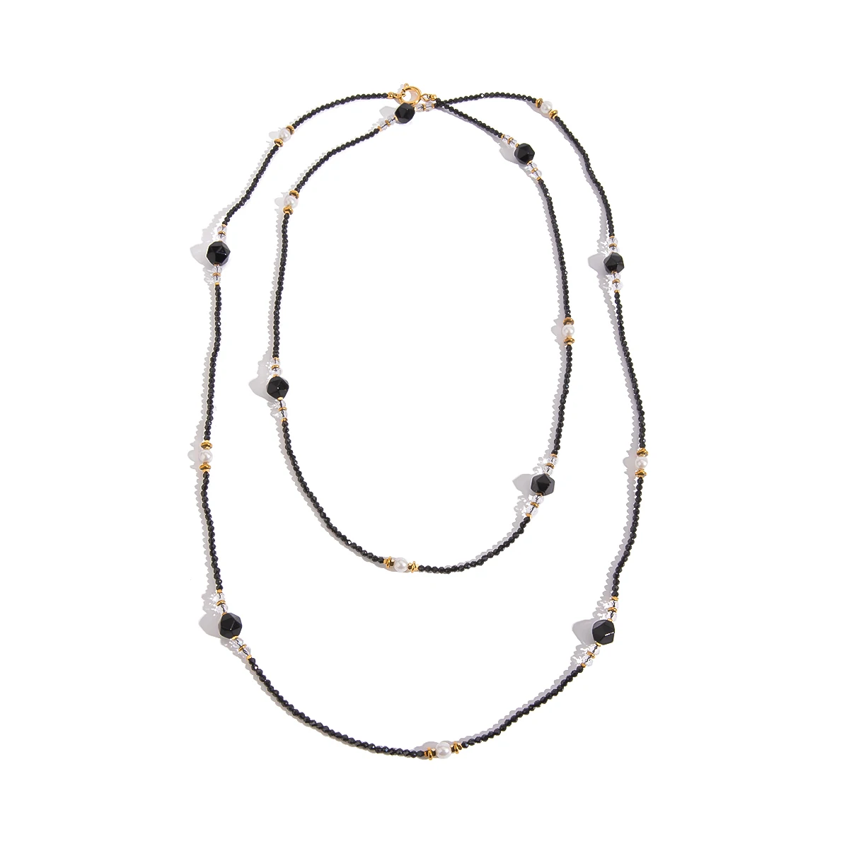 J&D 18k Gold Stainless Steel Crystal Onyx Pearl Beaded Necklace Long Strand 125cm Black Crystal and Faux Pearl Design