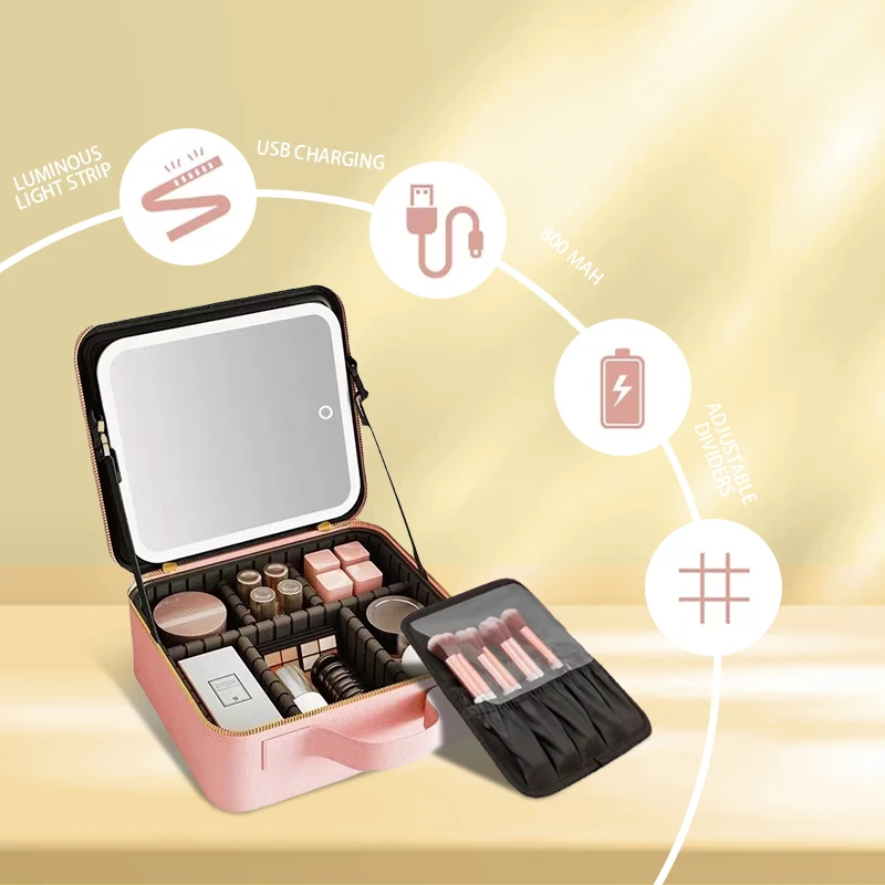 Leather makeup case makeup mirror with LED mirror can store cosmetics travel makeup mirror