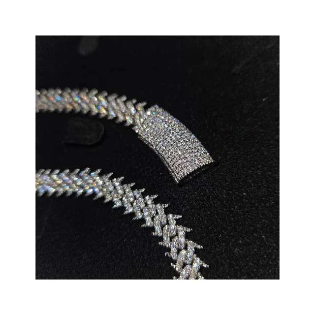 Silver 18k White Plated Spike Set Miami Cuban Link Chain Complete With VVS1 D-Colour Moissanite Diamonds