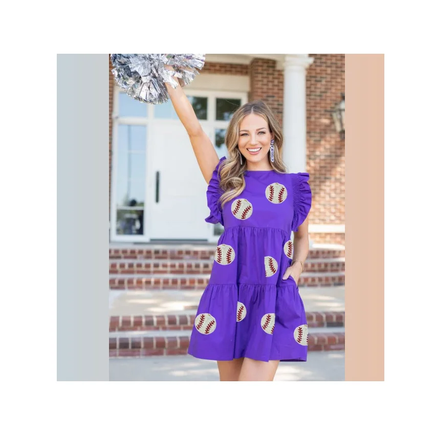 Buy Sequin Patches Dress With Custom Balls Patches Perfect For Game Day Summer Western Style Sequin Baseball Print Women Dress