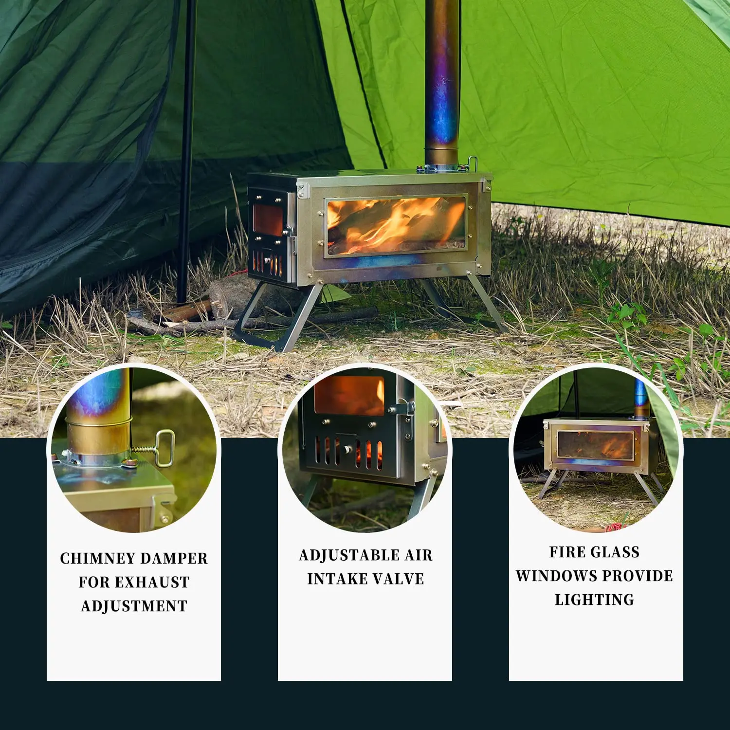 Tent Stove Portable Outdoor Foldable Titanium Sliver Pellet Wood Burning Camping Stove With Chimney Pipe