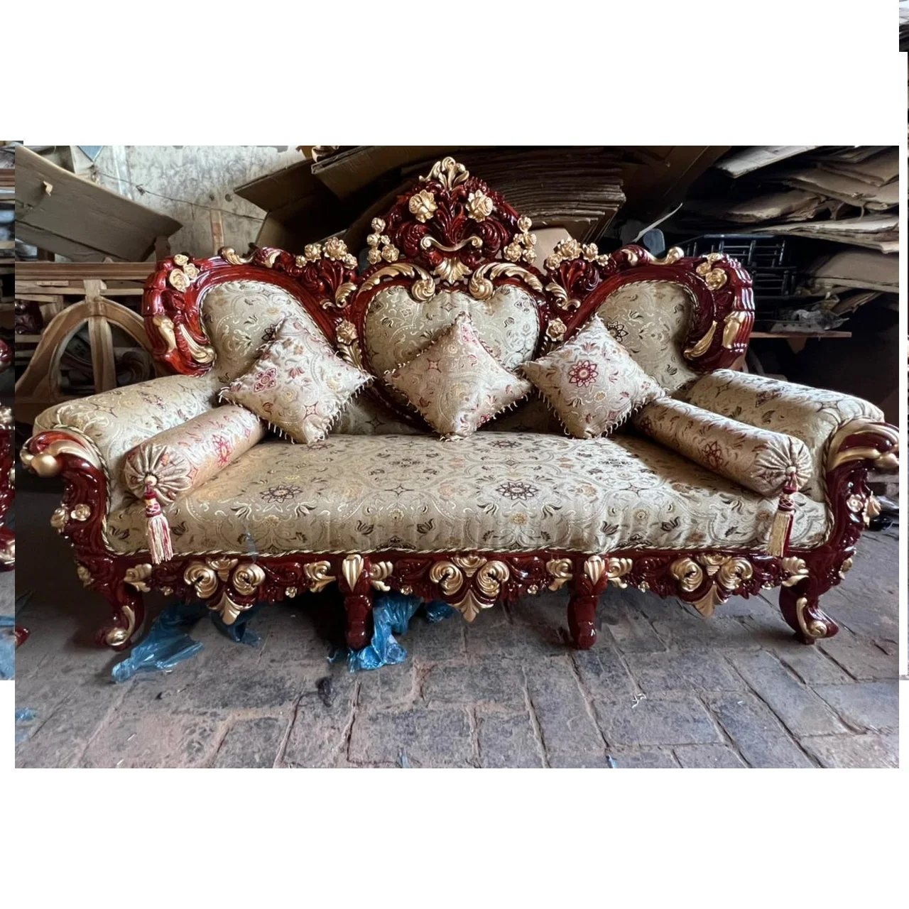 Three seats French light luxury sofa Solid wood carved fabric combination sofa Luxury villa European luxury couch