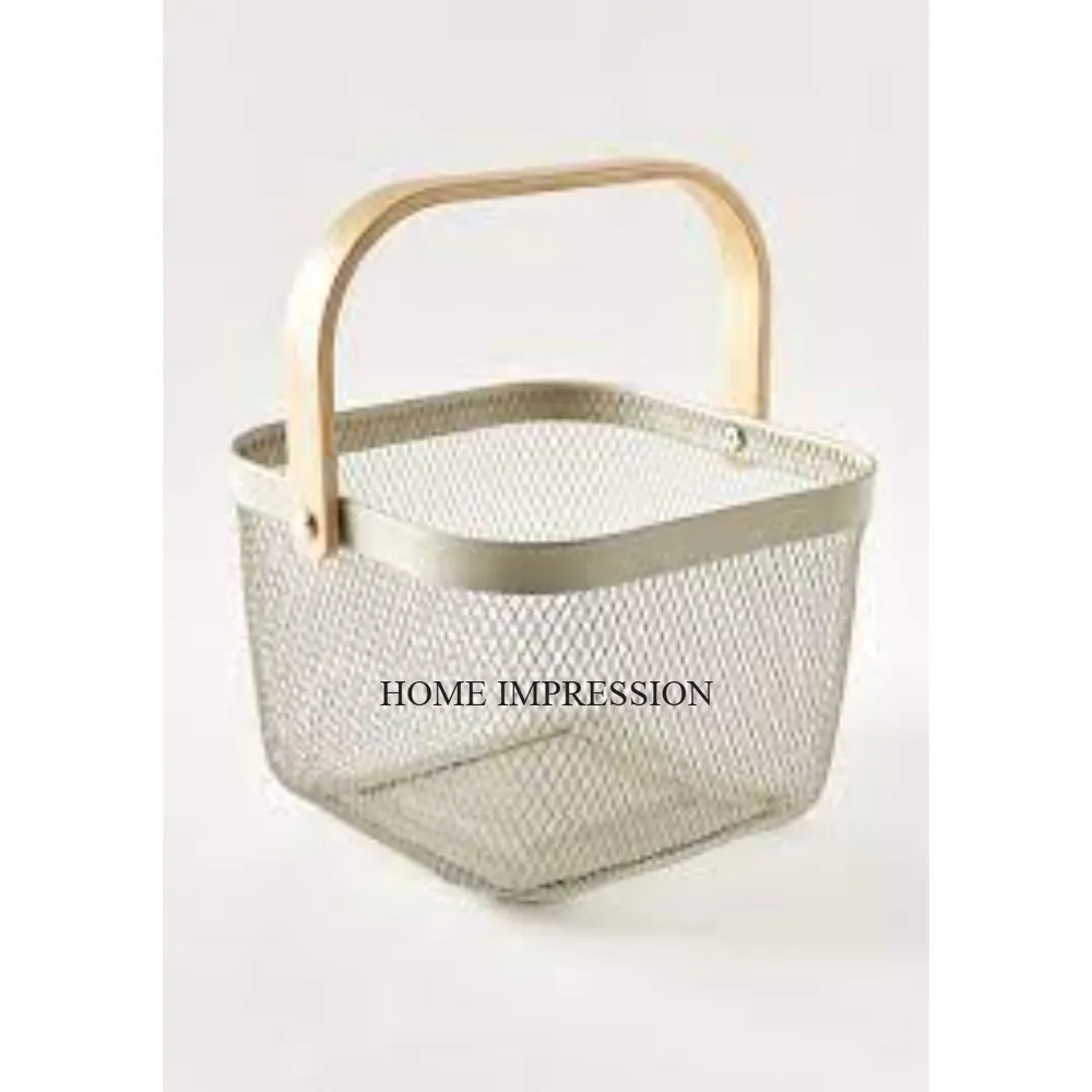 Fully White Color Powder Coated Metal Wire Made Frame With Wooden Handle For Best Grip Fruits And Bread Storage Organization