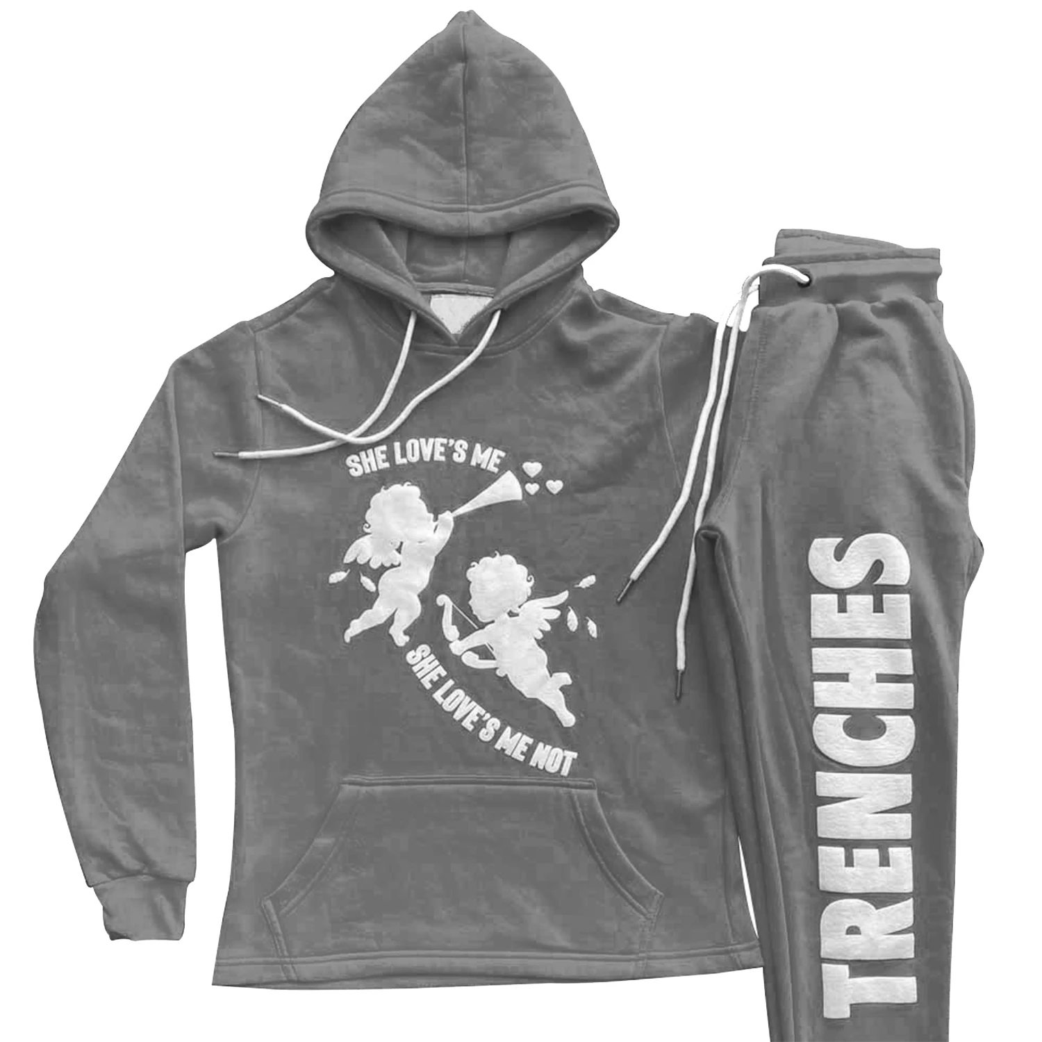 New Fashion Casual Solid Color Sweat Suit Male Sportswear Puff Printing Tracksuit Two Pieces Hoodie and Sweatpants Set Men