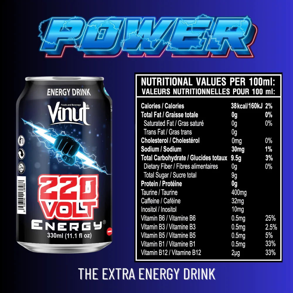 Made in Vietnam 330ml Vinut Volt Power Energy Water Drink No Sugar Low Fat  Free Sample Beverage Manufacture Private Label OEM
