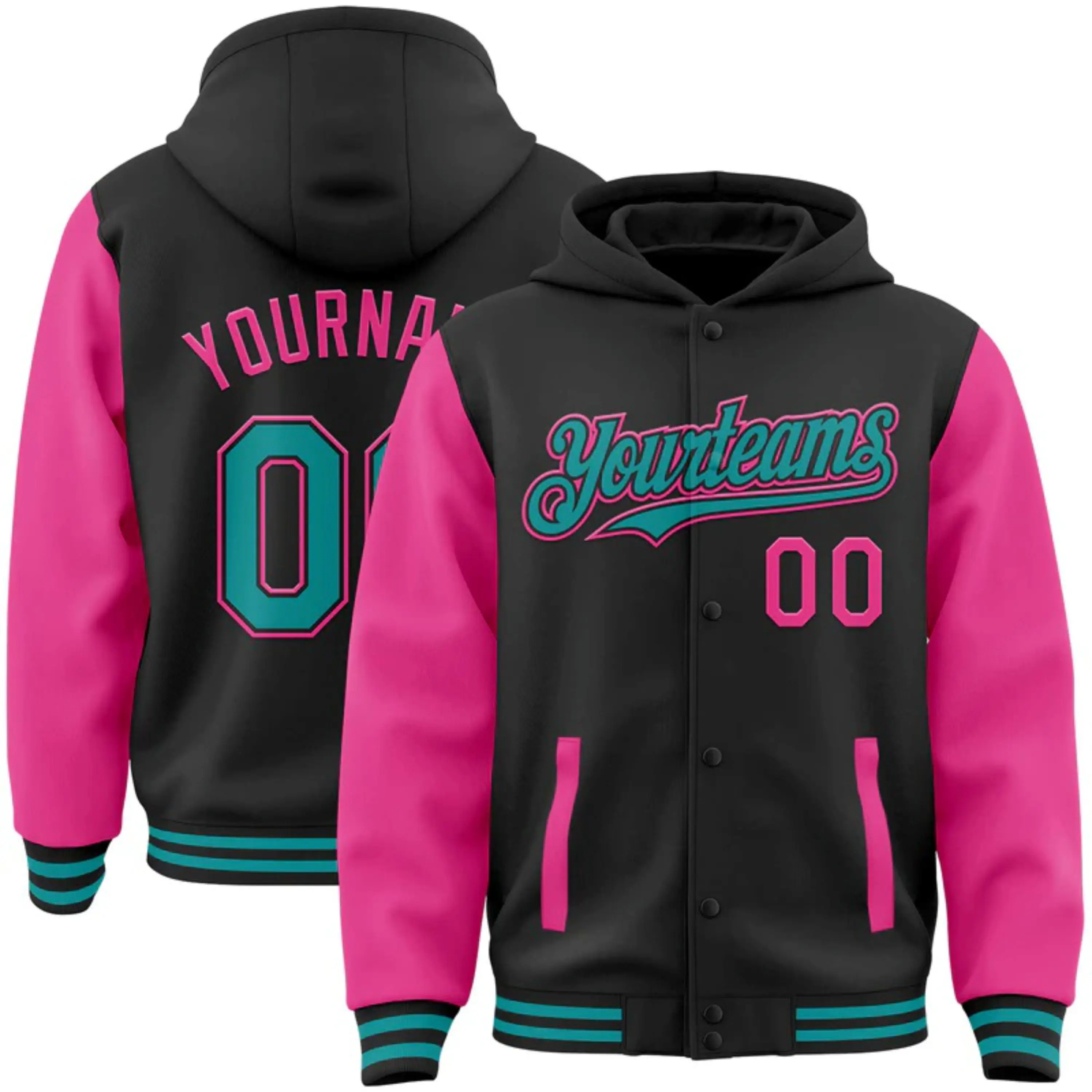 OEM Custom Manufacturer Varsity Letterman Two Tone Hoodie Jacket in Black Teal-Pink Full-Snap Bomber Style Soccer Jerseys Print