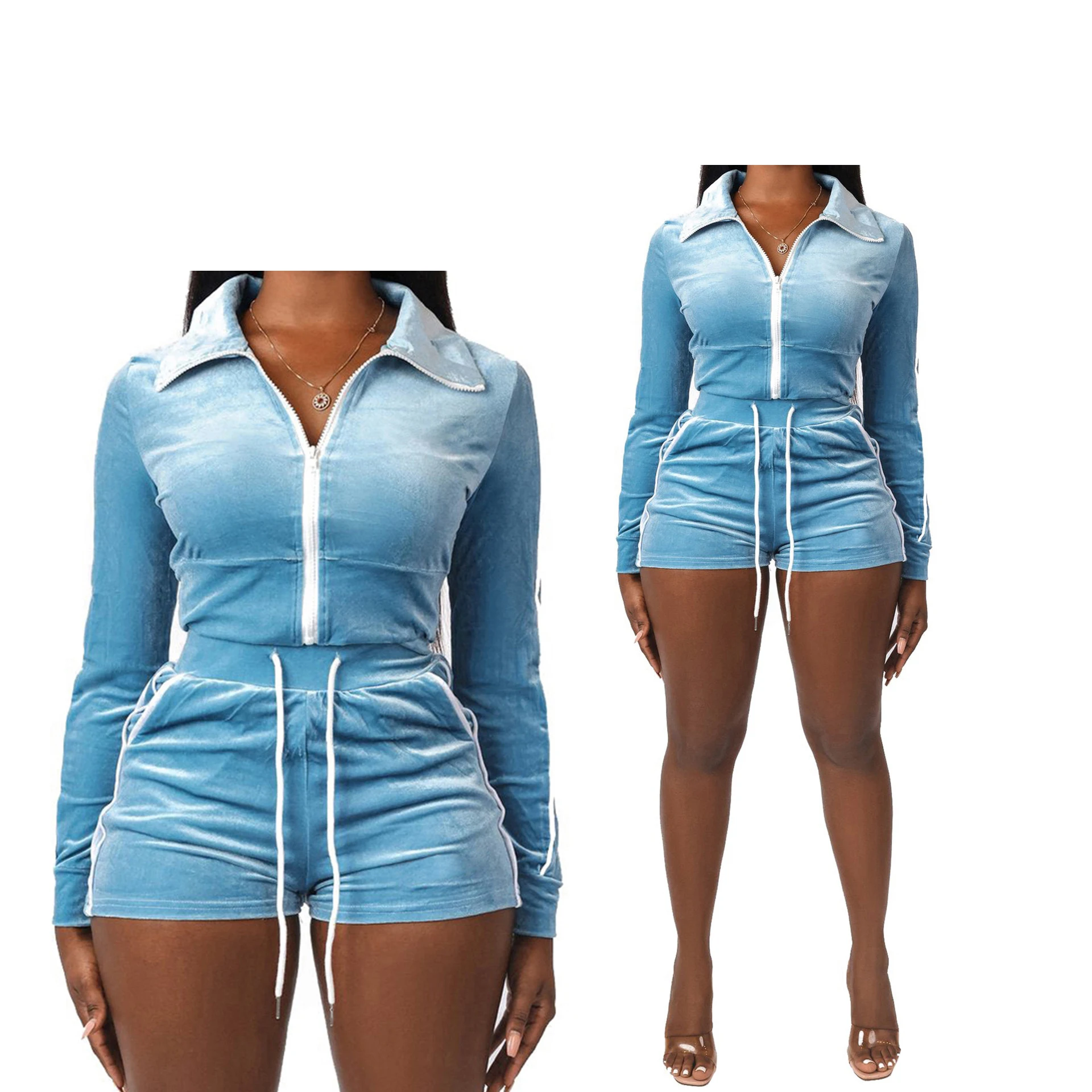 Custom Logo Velour Suits Shorts And Long Sleeve Crop Top Track Suit Workout 2 Piece Set Velvet Tracksuit For Women Breathable