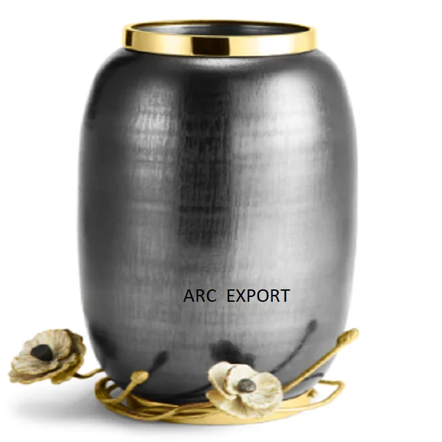 Antique Modern Black Brass Metal Flower Vases and Pots With Leaf Decoration Gold Color Base For Home Wedding Events Decoration