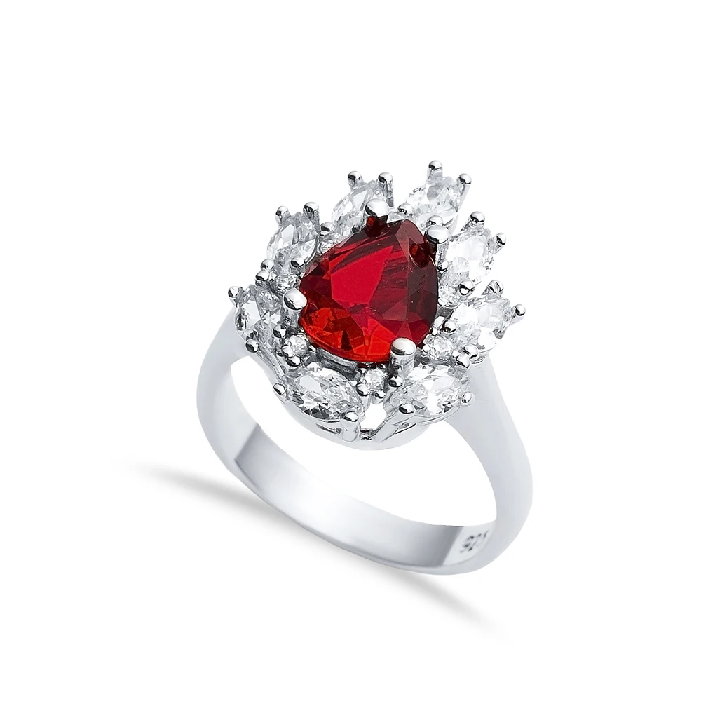 Garnet CZ Stone Pear Drop Shape Silver Cluster Stony Ring Handcrafted 925 Sterling Fine Jewellery Handmade Jewelry
