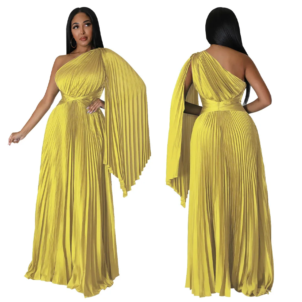DY1 Stock Custom New Arrival Fashion One-shoulder Pleated Dress High Waist Silk Long Party Dresses Women Maxi Dress