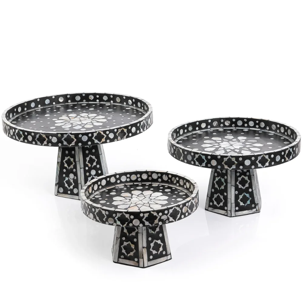 Luxury design handcrafted Mother of pearl inlay cake stand for Eid Ramadan party decor food tray with stand made in Vietnam