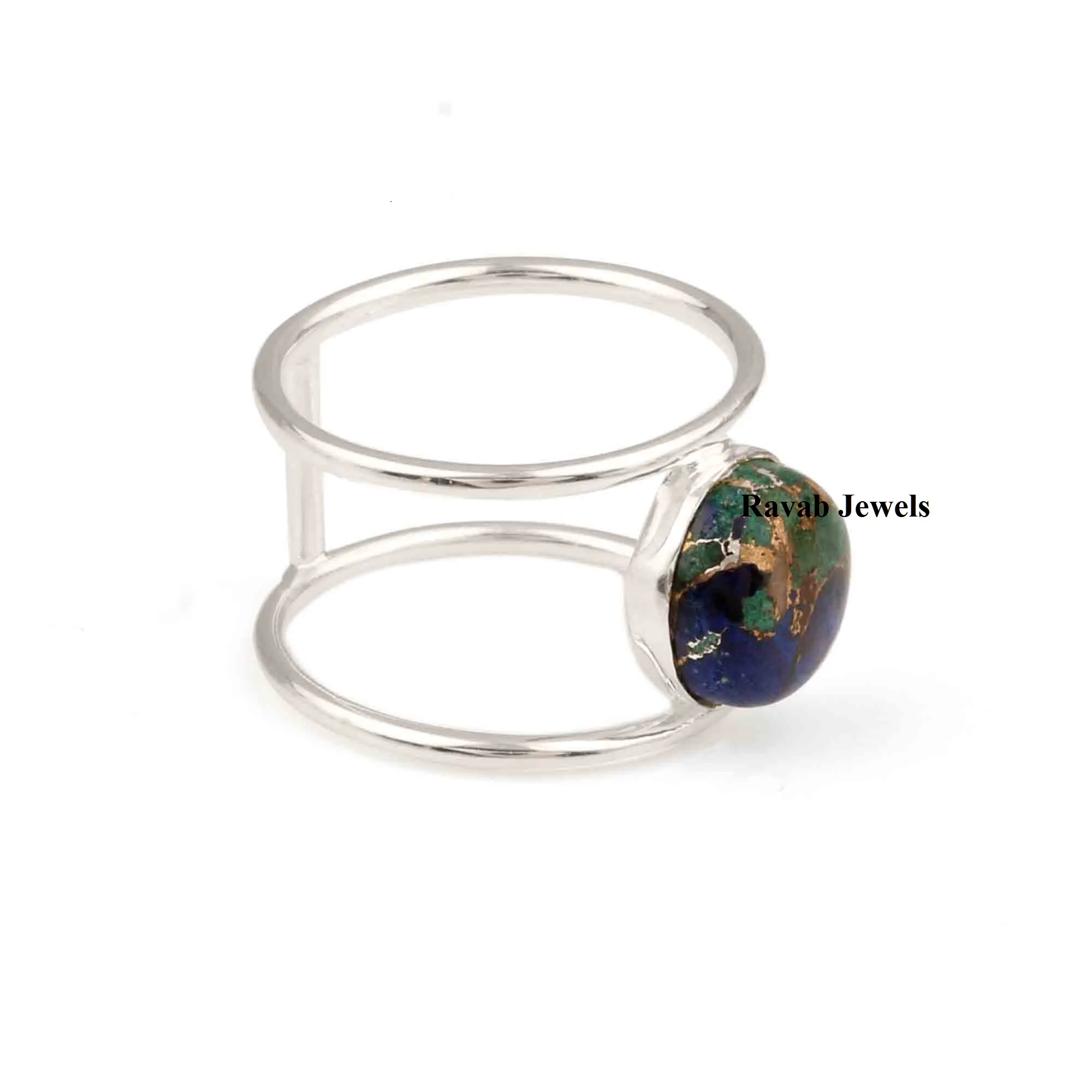 2024 Custom Double Band Sterling Silver Ring 12mm Natural Azurite Malachite Eternity Vermeil Bezel Fine Jewelry Manufacture