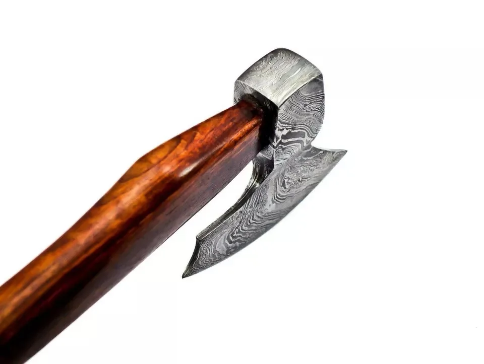 Professional Damascus Axe  Custom Handmade Damascus Steel Axe  Rose wood Handle and Leather Sheath