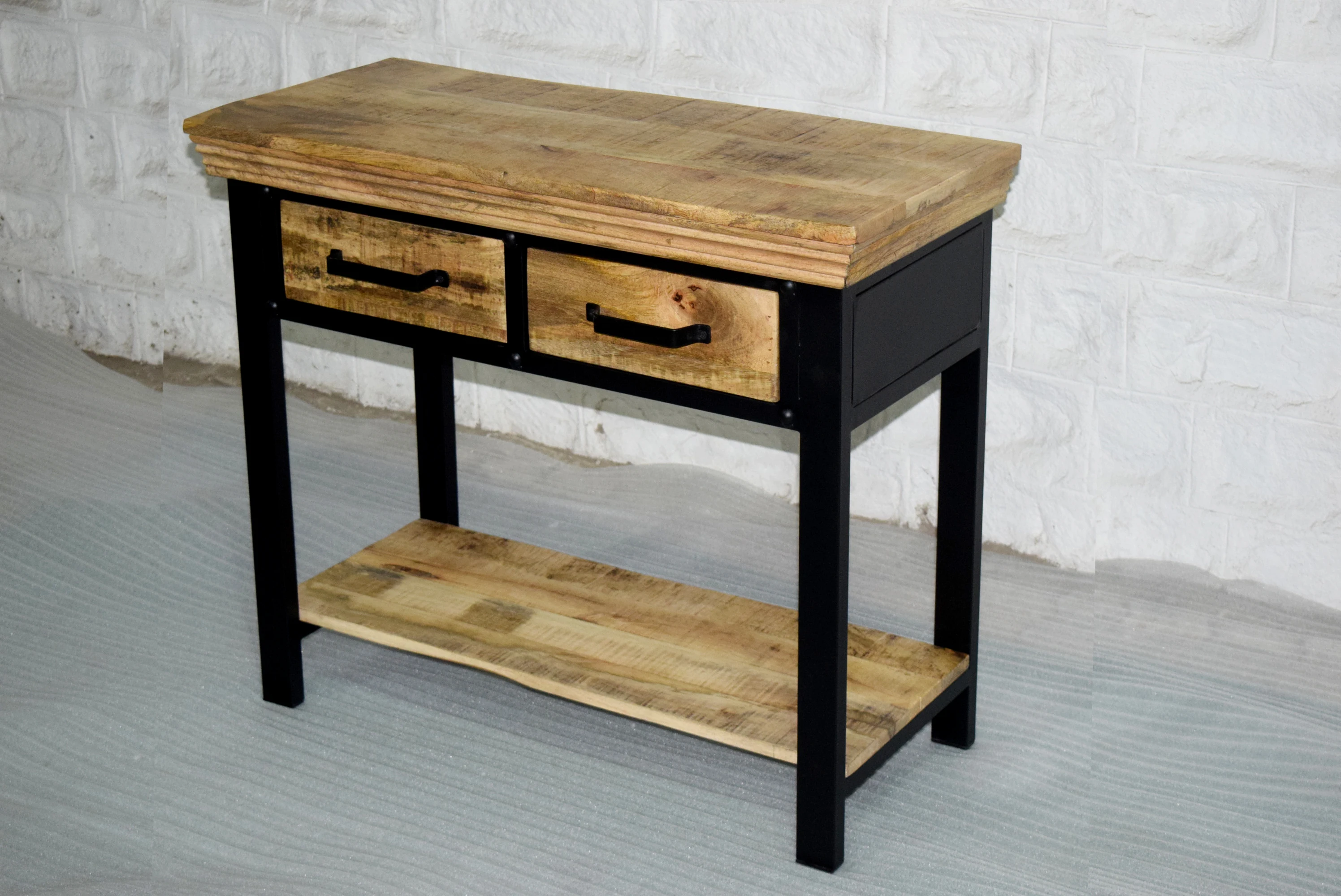 Industrial Style Antique Furniture Iron and Wooden Side Console Tables with Two Storage Drawer for Home Living Room