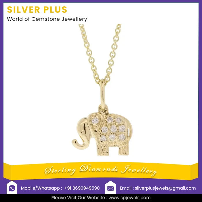 14K Solid Yellow Gold Natural Diamond Pave Elephant Charm Pendant Necklace Jewelry Manufacturer Exporter & Supplier