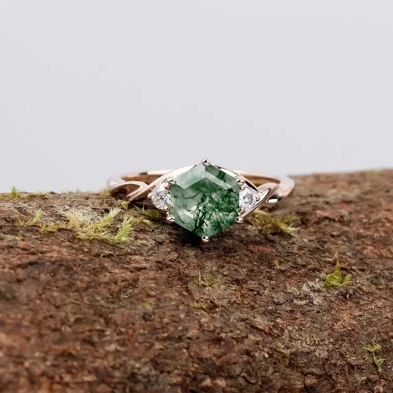 Hexagon Moss Agate Stone Twist Band Ring Solid 925 Sterling Silver Women Girls Minimalist Band Fine Silver Jewelry Ring Wedding