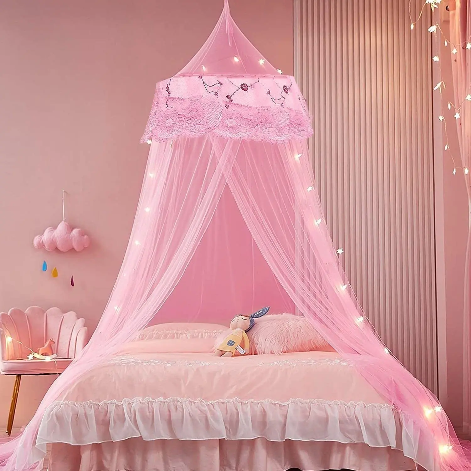 Princess Pink Mosquito Mesh Net for Bed Large Dome Hanging Bed Canopy for Girls with Round Lace  for Punch-free Installation