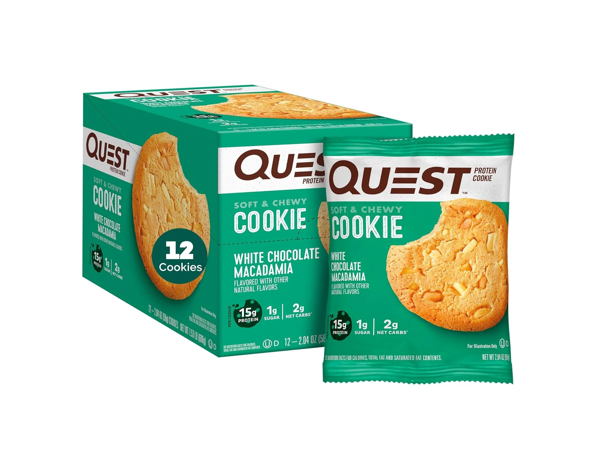Quest Nutrition, White Chocolate Macadamia Flavored Protein Cookie, Soft & Chewy, 15g Protein, 1g Sugar, 2g Net Carbs, 12 Count