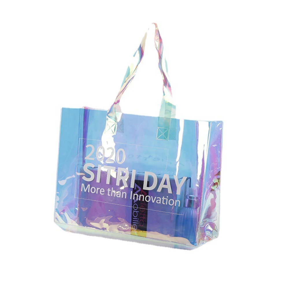 Laser film stand up bag  Wholesale  Eco-friendly Source factory customized personal logo shopping handle PVC plastic  bag