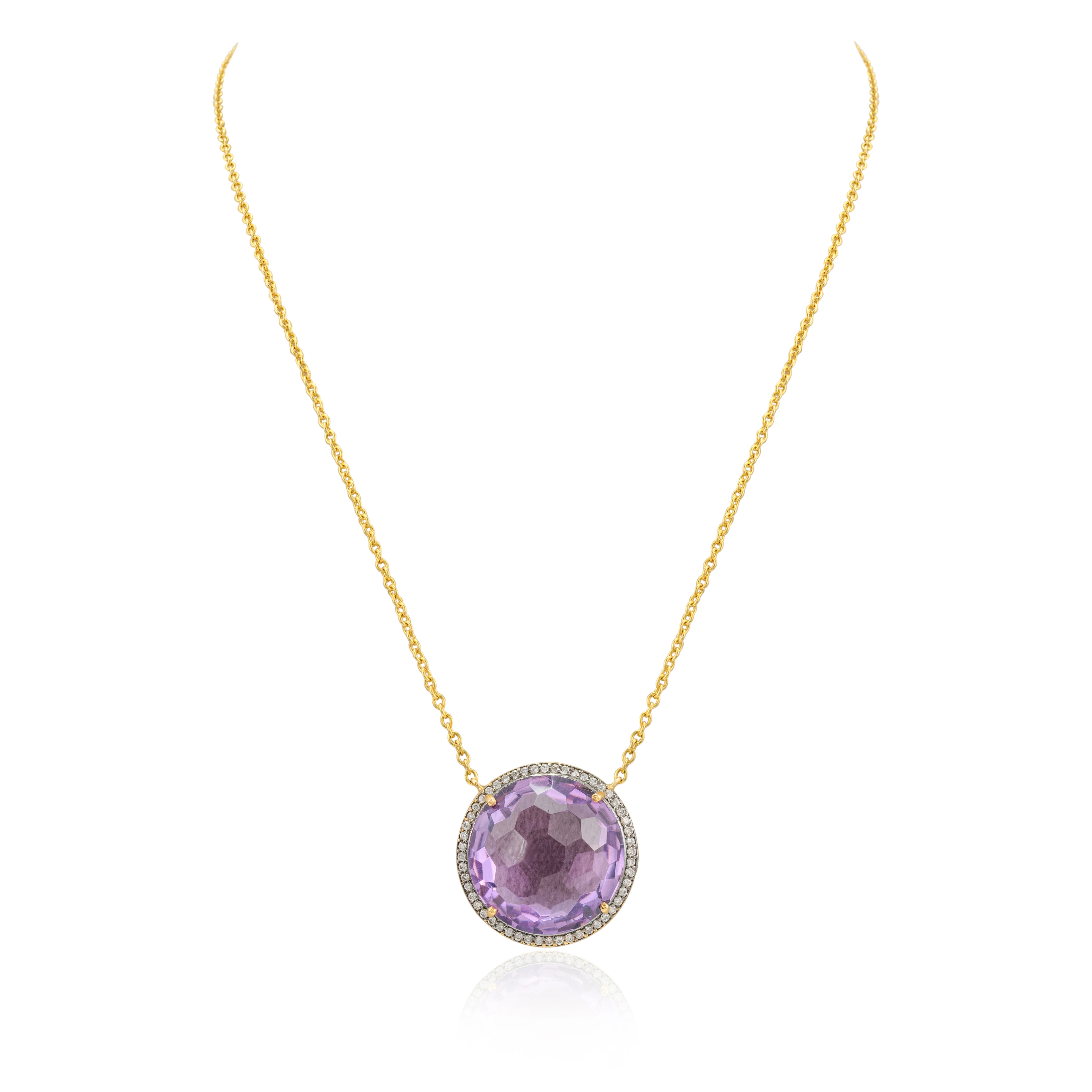 Handmade 100% Natural Round Football Cut Amethyst And Diamond 14K Solid Yellow Gold February Gemstone Necklace Fine Jewelry