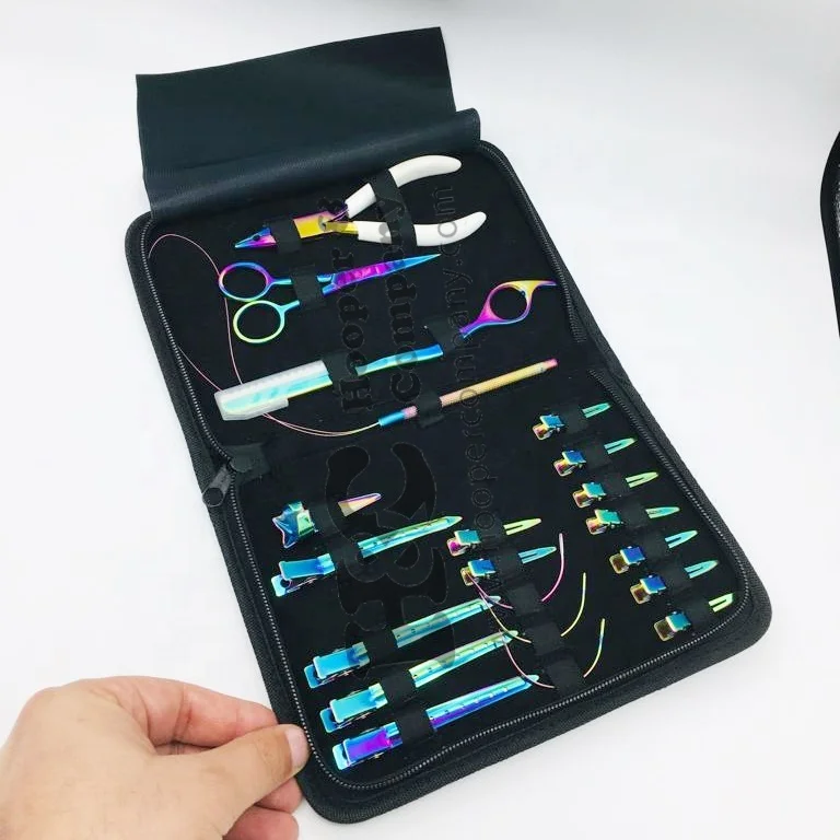 Rainbow Multi Stainless Steel Hair Extensions Tools kit Human Hair Extension Pliers Needle Loop Plier Scissor Razor Custom Logo