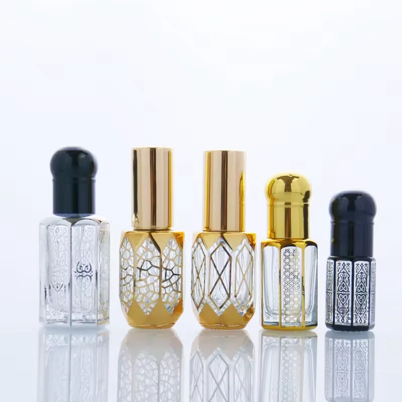 Stock Arabic Attar Bottles 3ml 6ml 8ml 10ml 12ml 15ml Dubai Gold Octagon Perfume Essential Oil Glass Bottle With Stick Roller