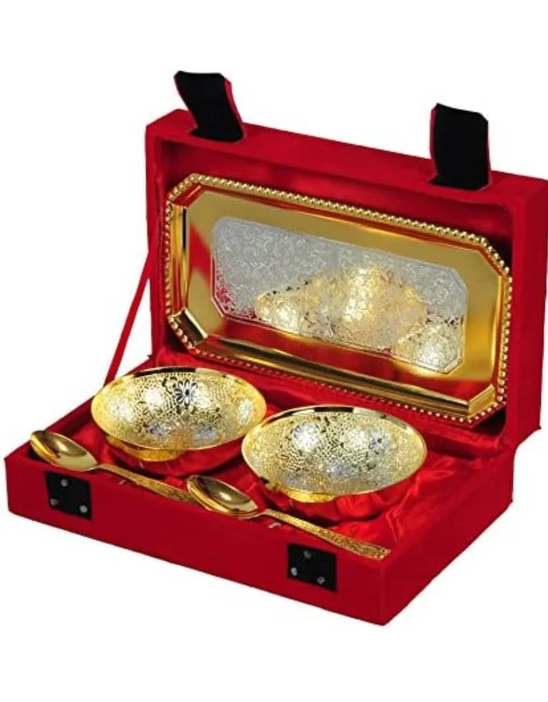 Gold Plated 2 Bowl Set with 2 Spoon 1 Tray 1 Velvet Gift Box for Wedding Favor or Christmas Gift