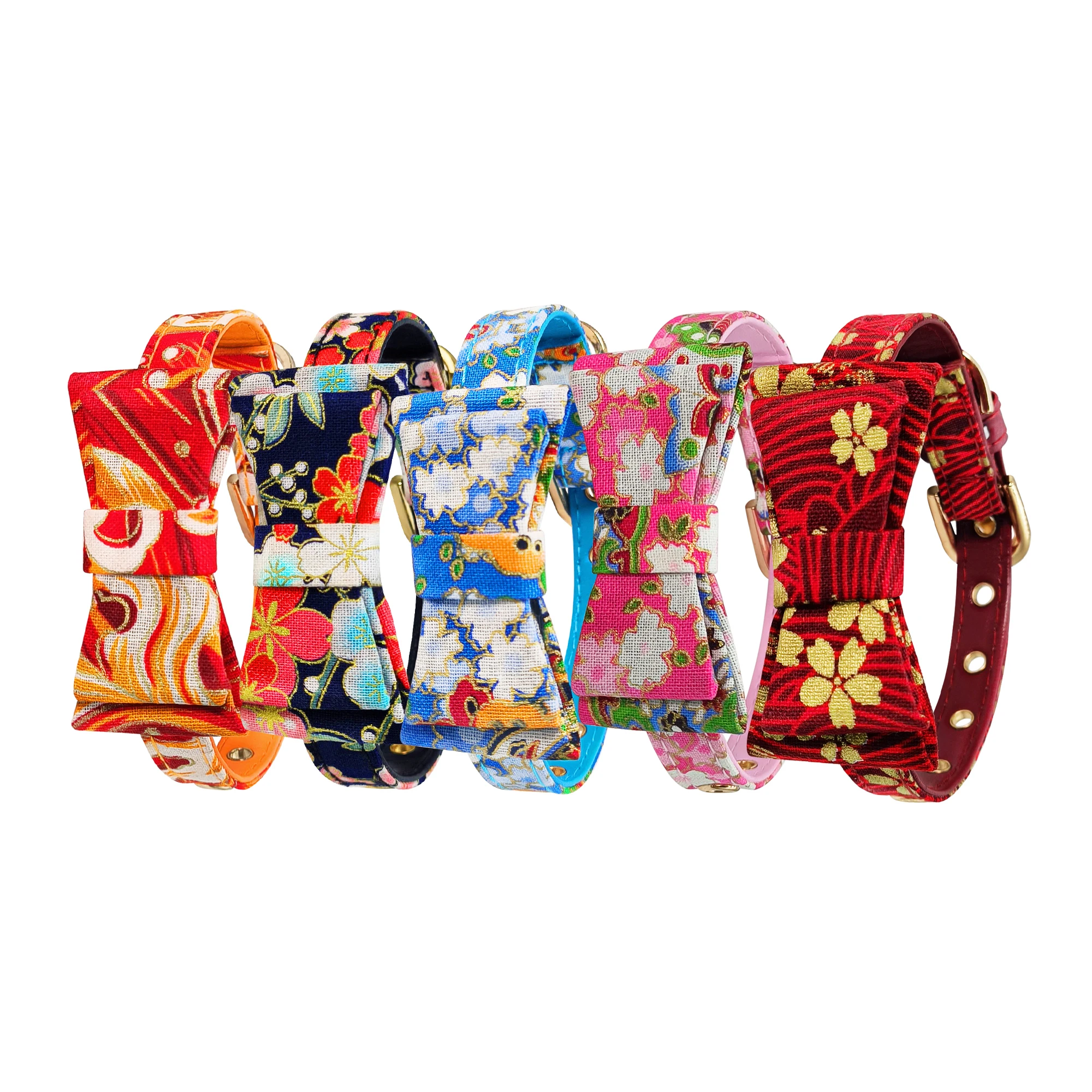 Customized Japanese-style Bowtie Cat Collar with Bell and PU Leather Neck Strap Adjustable Cat Pet Strap Bowknot