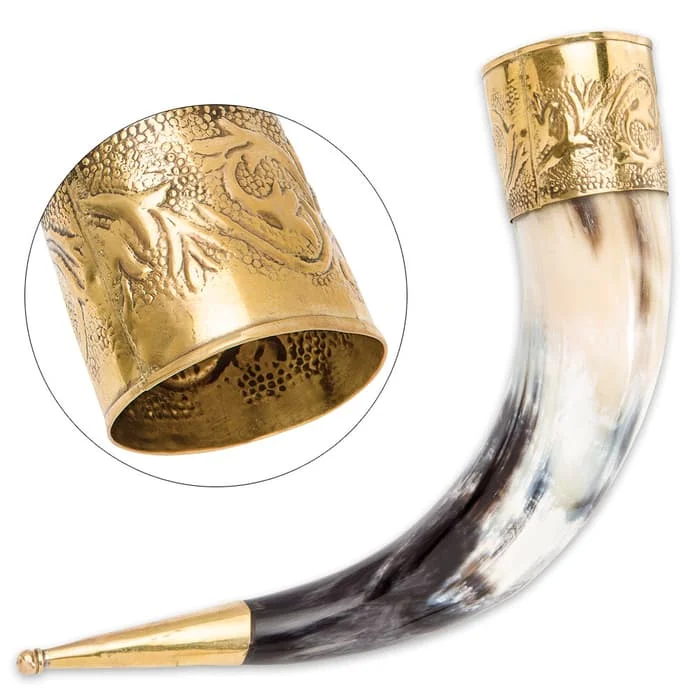 Indian Quality Natural Viking Drinking Horn with Metal Bras Carved Antique Viking Drinking Horn with Brass