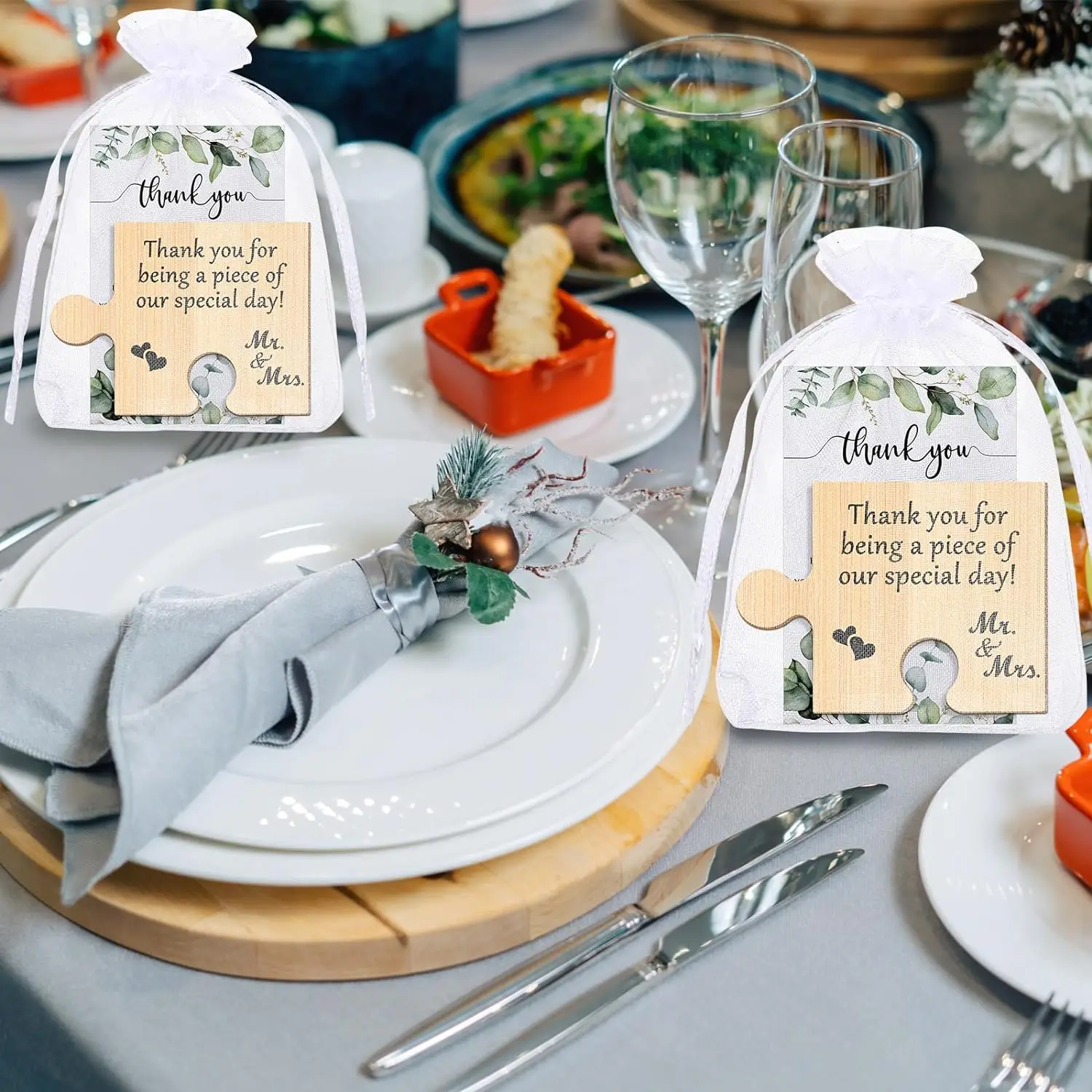 DIY 4PCS Wedding Thank You Favors for Guests Puzzle Piece Coasters Wedding Thank You Cards and Organza Bags for Wedding Gifts