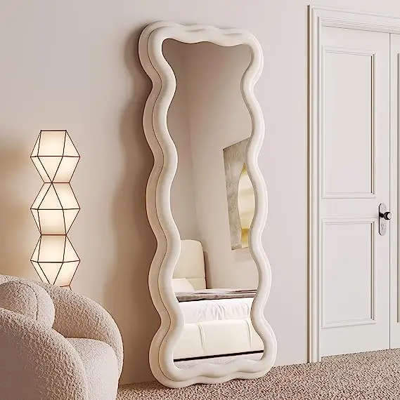 ZIHAN MIRROR White Wavy Art Wall Standing Flannel Wrapped Wooden Frame Mirror