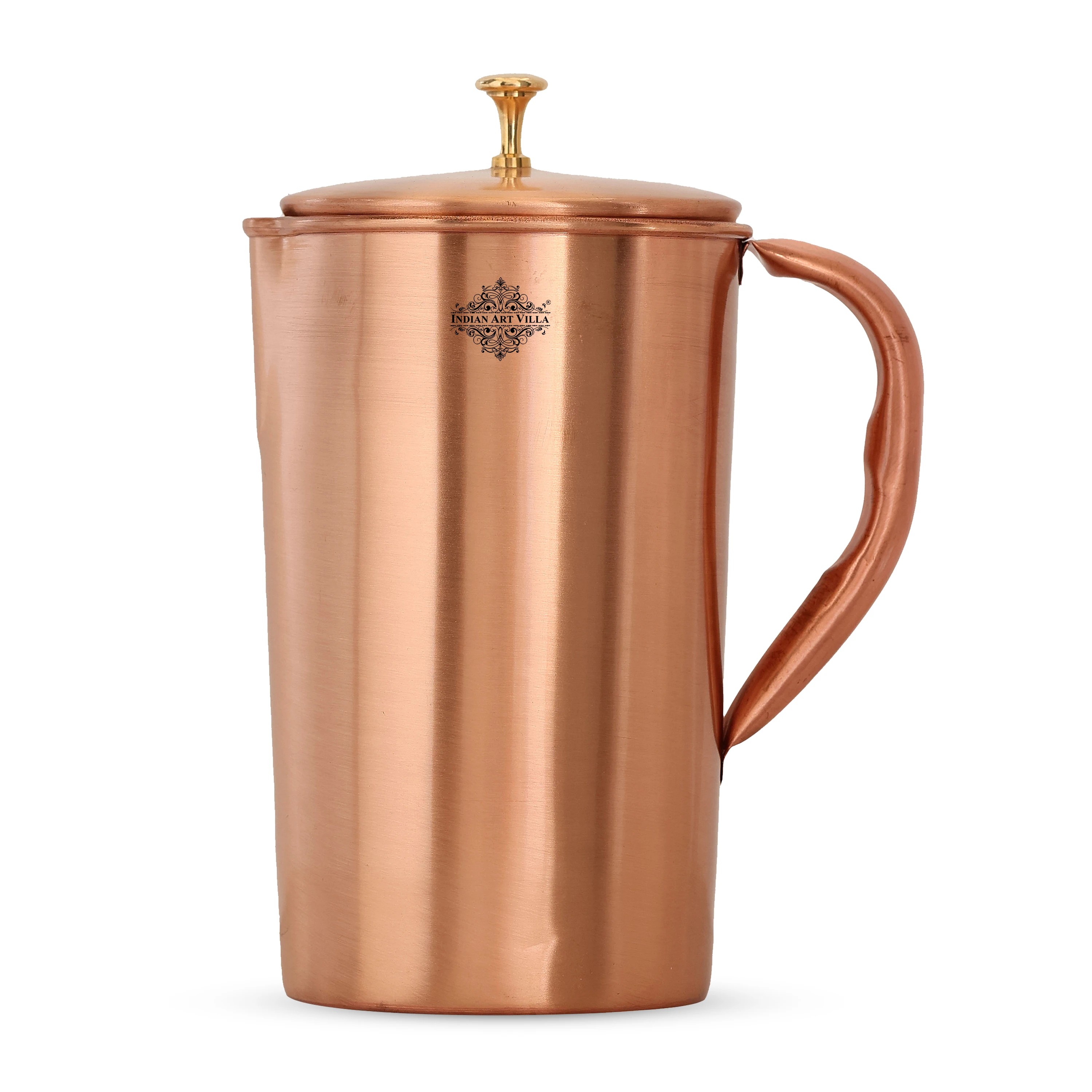 IndianArtVilla Pure Copper Lacquer Coated Designer Jug with Brass Lid -Pitcher for Stylish Serveware, 2000 ML