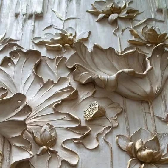Relief Murals Lotus Indoor Wall Art Sandstone Marble Curving OEM Customization Relief