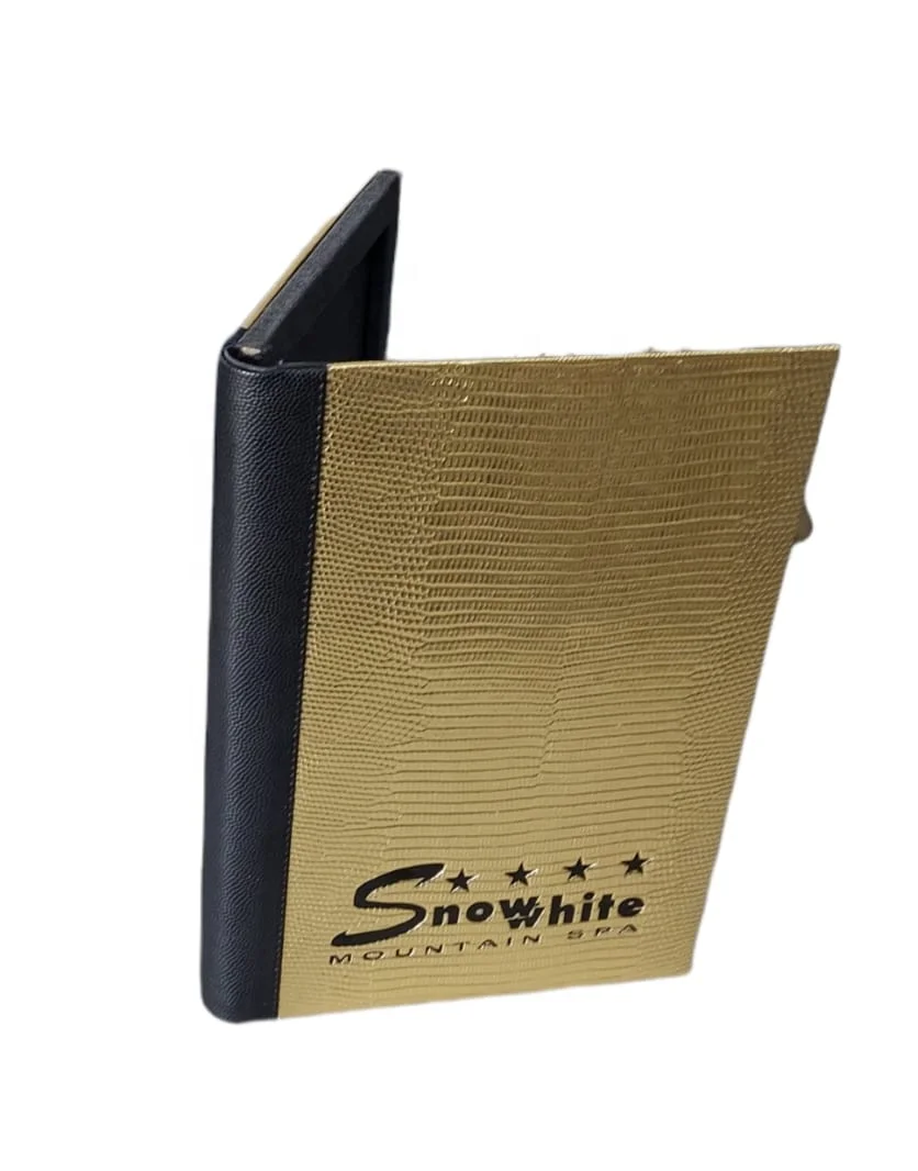 Shiny Lizard design Golden leatherette material menu folder for restaurants table with black embossed logo From India