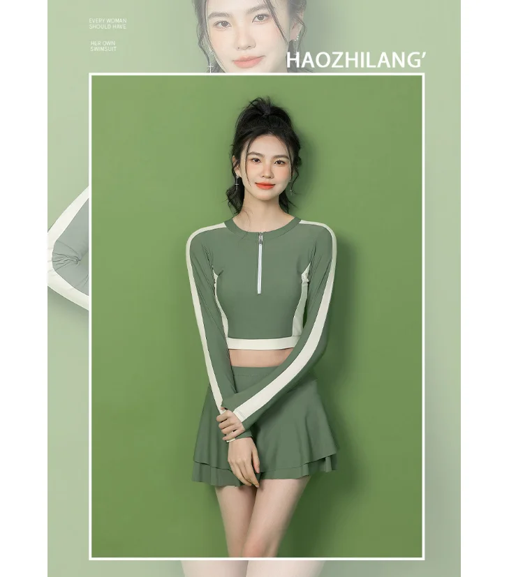 2024 Long-Sleeved Slimming Belly-Covering Swimsuit Conservative Beachwear