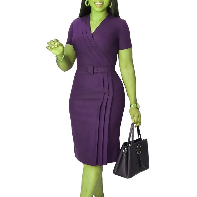 Summer Ladies Office Dresses Short Sleeve V-neck Waist Wrap Pencil Career Dresses with belt Women Casual Africa Dress
