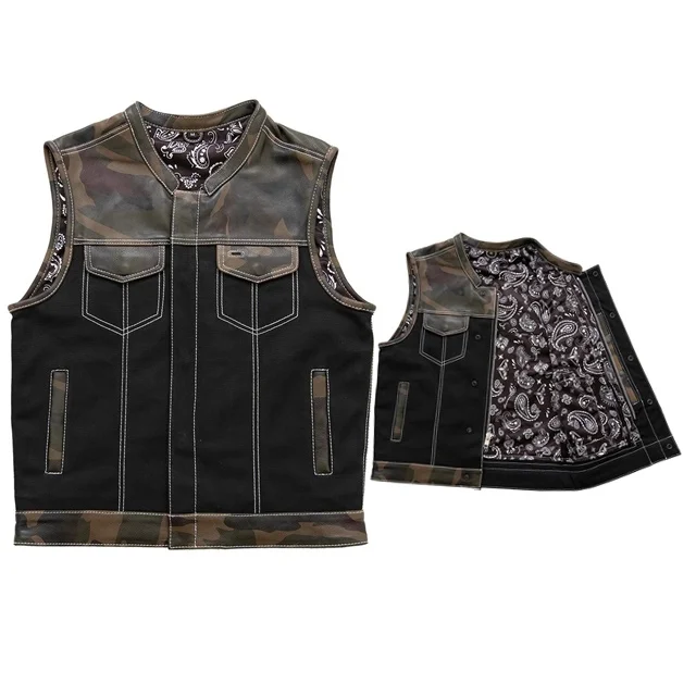 Men Leather Biker Vest Canvas and Cowhide Club Style Men  Leather  Motorcycle Motor Bike Vest Cowboy Vest