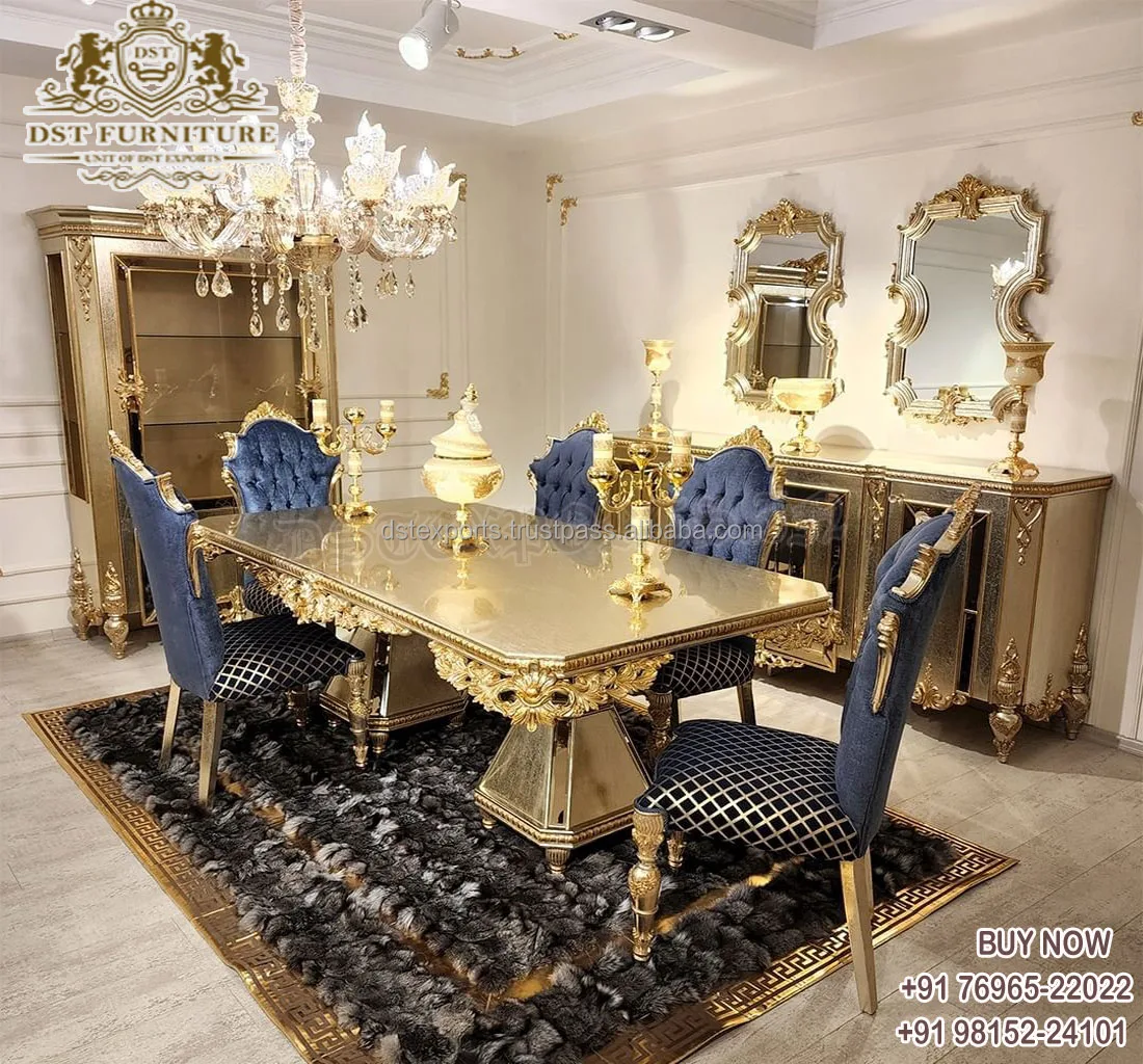 Royal Baroque Heavy Carved Gold Dining Table Set Luxury Dining Room Sets for Grand Villa Victorian Gold Dining Table Set