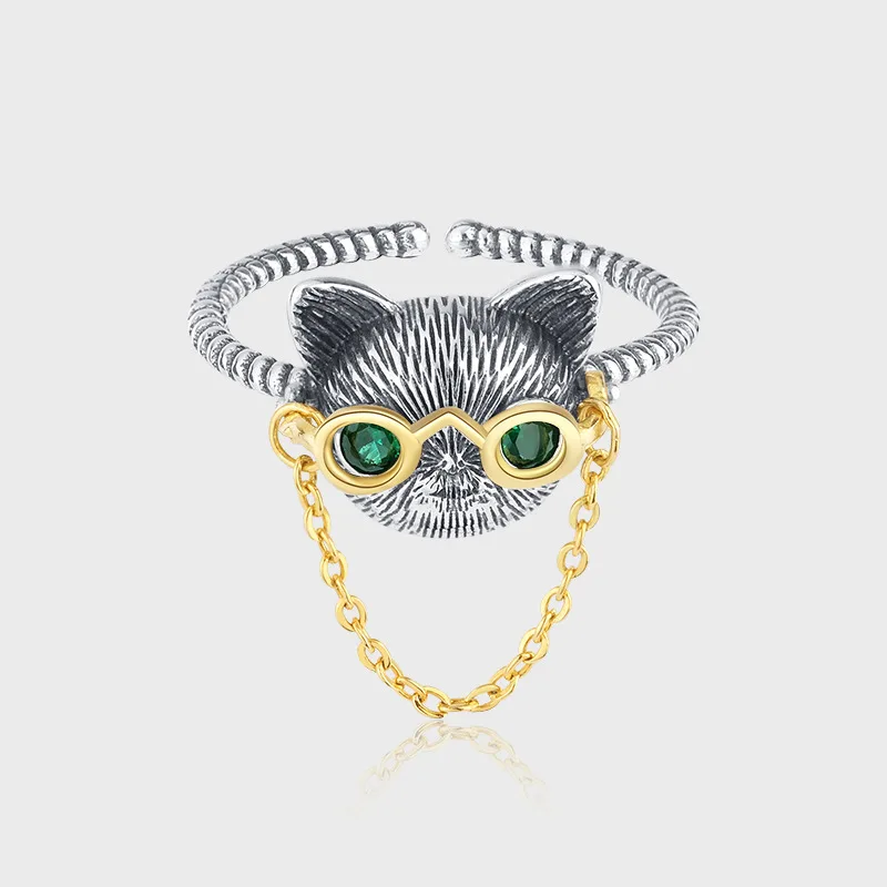 S925 sterling silver Dr. Cat glasses movable chain open ring for women retro green-eyed cat finger