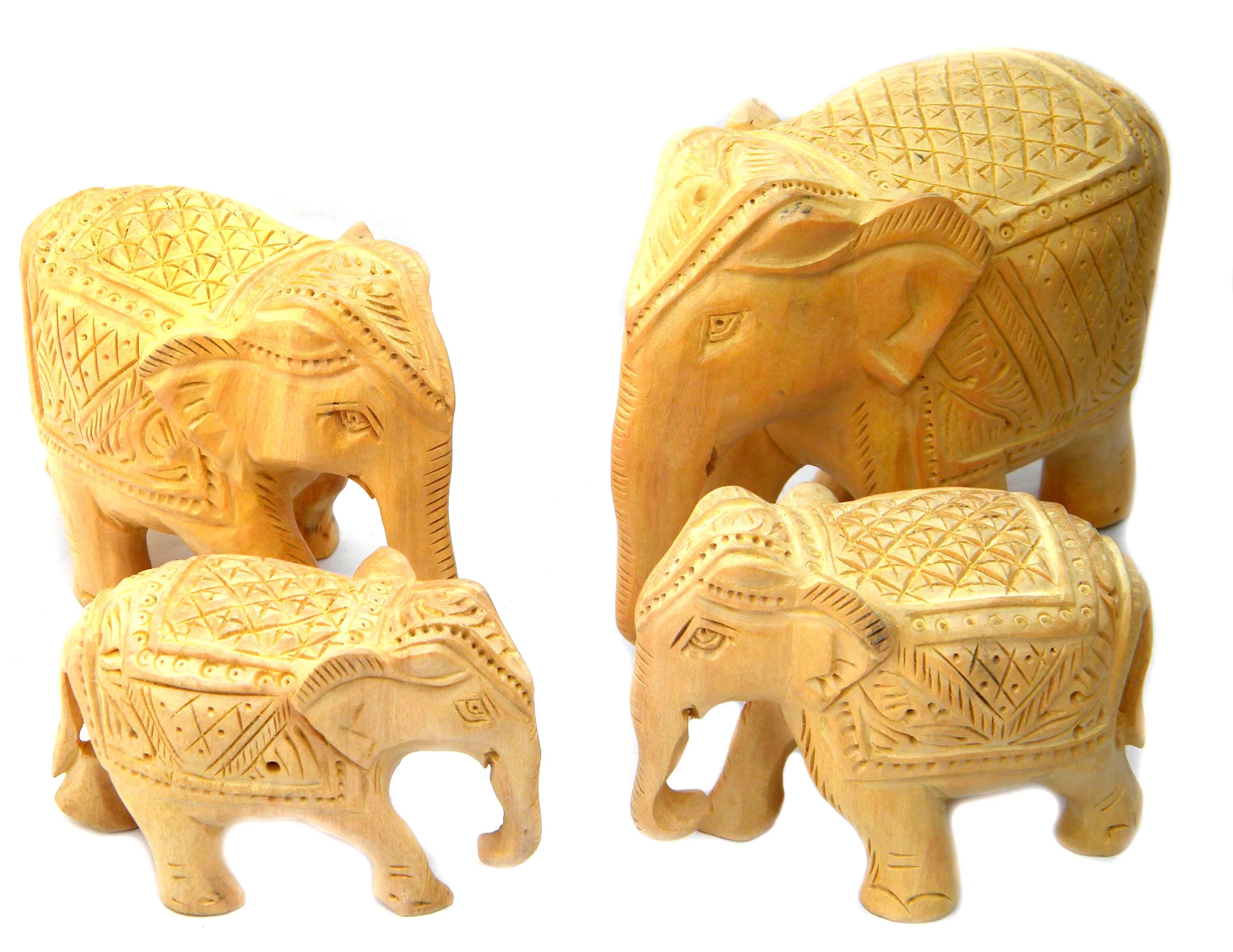 Fine Carving Different Sizes Wooden Elephant Set Trunk Down 4 pcs set Under Cut Design with Baby Elephant Inside Tummy
