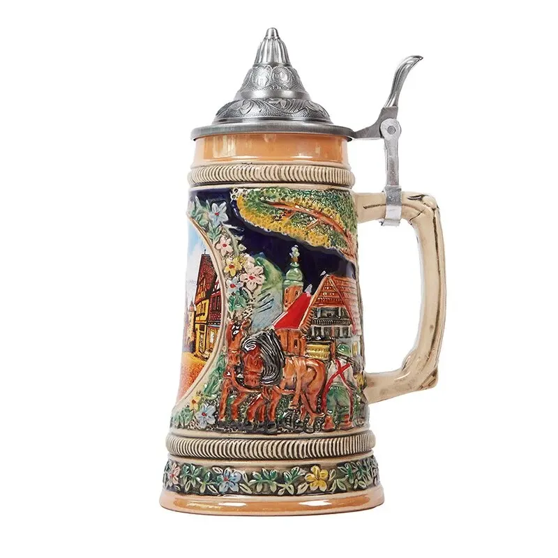Ceramic Beer Stein Mug German Frankfurt Oktoberfest Tankard with Petwer Lid Porcelain German Beer Cup in Bulk