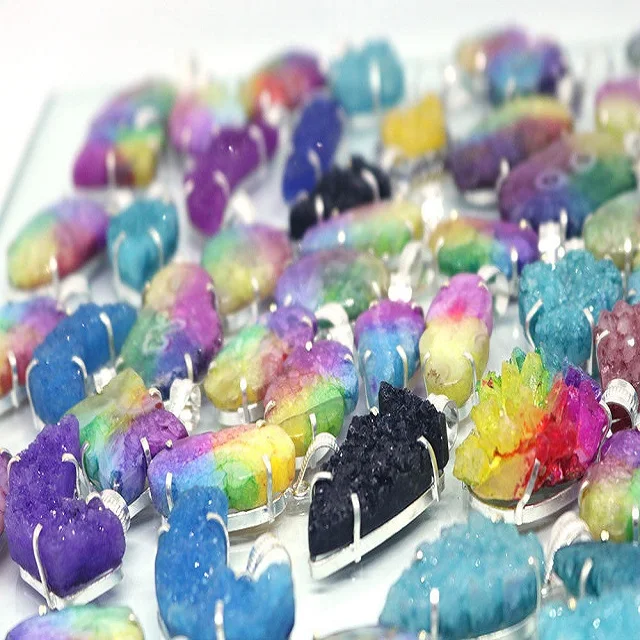 Natural crystal wholesale Rainbow Druzy Agate  With silver Rim Electroplated  Pendants Bulk Quantity